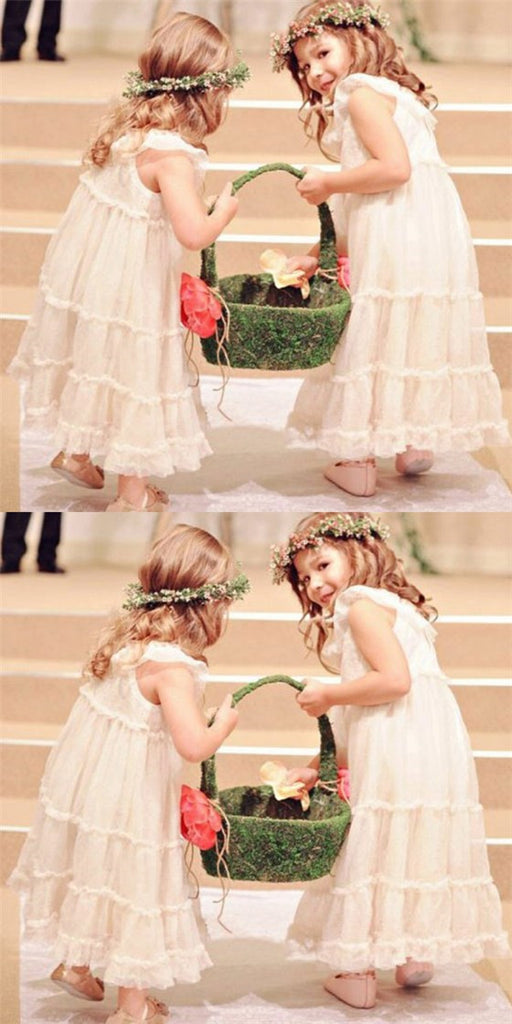 Lovely Round Neck Ivory Tulle Long Cheap Flower Girl Dresses, QB0223