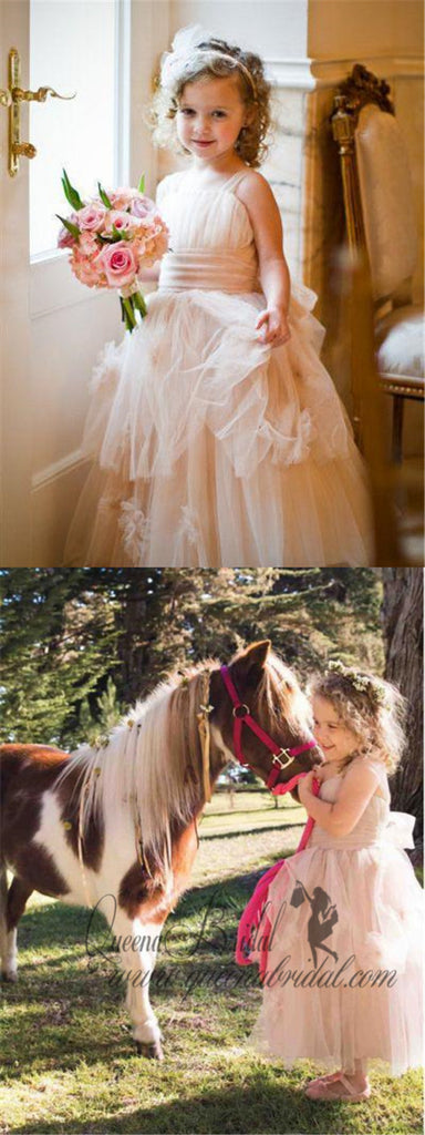 Long  Tulle Cheap Rustic Blush Pink Cute Flower Girl Dresses, QB0356