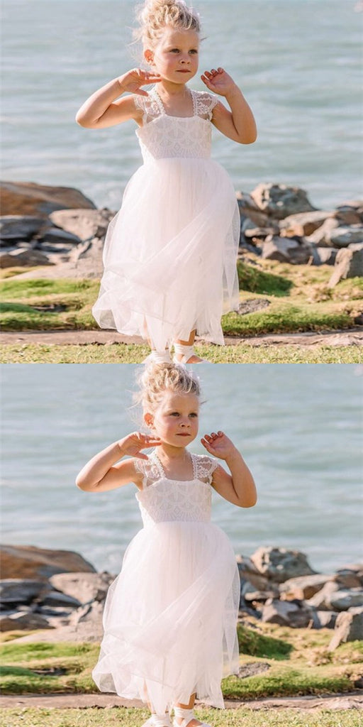 Cute Square Neck Ankle-Length White Flower Girl Dresses with Lace, QB0225