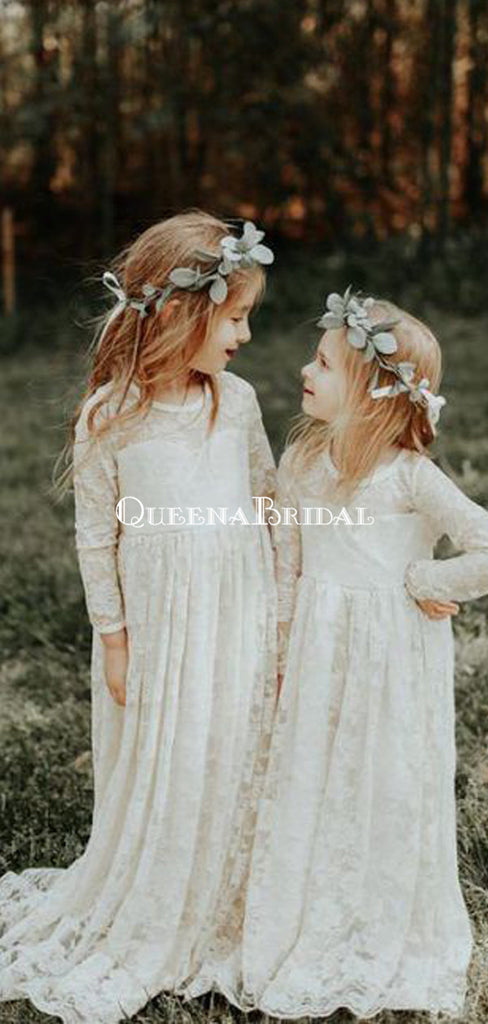 Cute Round Neck Long Sleeves White Lace Long Cheap Flower Girl Dresses, QB0107