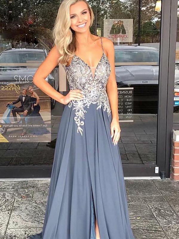 Elegant Spaghetti Straps Grey Beaded Long Evening Prom Dresses, QB0451