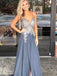 Elegant Spaghetti Straps Grey Beaded Long Evening Prom Dresses, QB0451