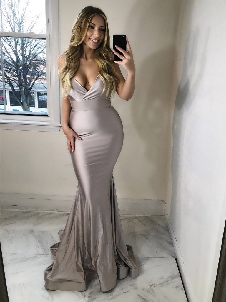 Spaghetti Straps Grey Mermaid Long Evening Prom Dresses, QB0440