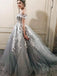 Off Shoulder Grey Lace Beaded A-line Long Evening Prom Dresses, QB0439