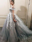 Off Shoulder Grey Lace Beaded A-line Long Evening Prom Dresses, QB0439