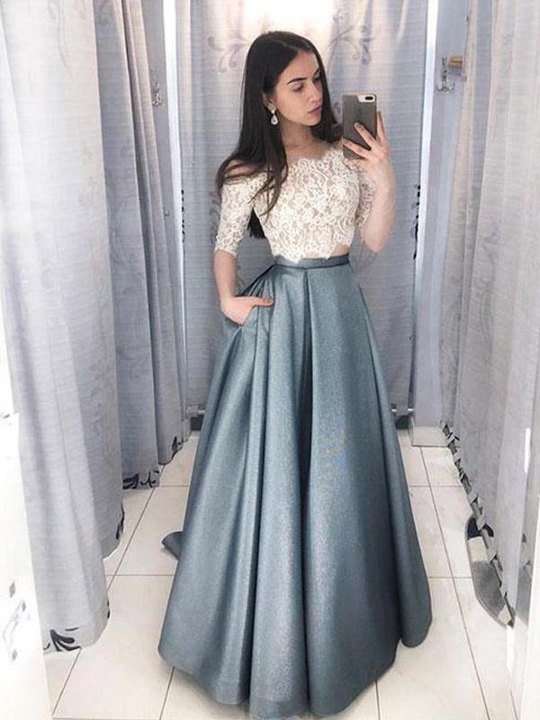 Two Pieces Half Sleeve Lace Grey Long Evening Prom Dresses, QB0421