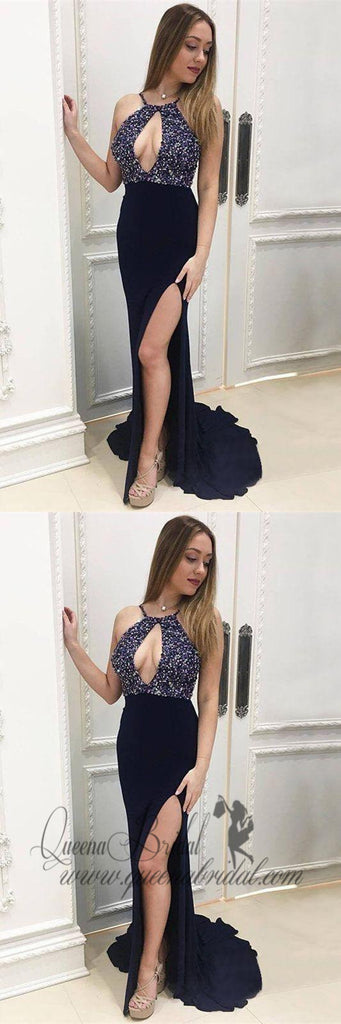 Sexy Navy Blue Halter Side Slit Long Cheap Prom Dresses With Beaded, QB0480