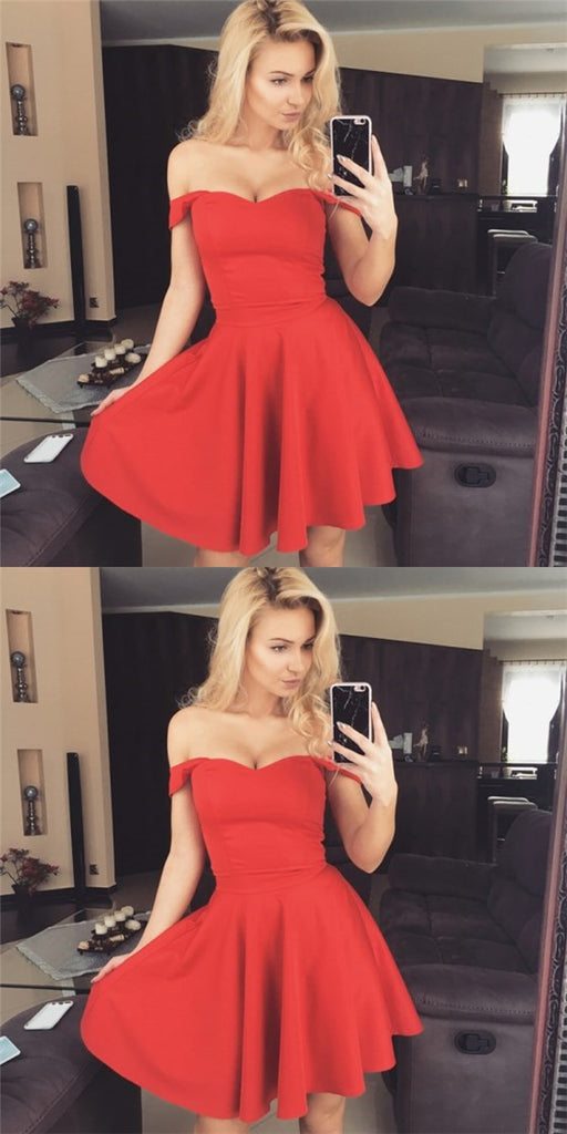 Sexy Off-Shoulder Short Cheap Red Satin Homecoming Dresses, QB0182