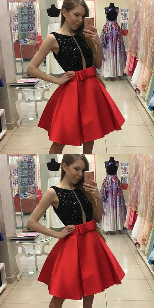 Sexy Jewel Red Satin Short Cheap Homecoming Dresses with Sequins & Bow Knot, QB0185