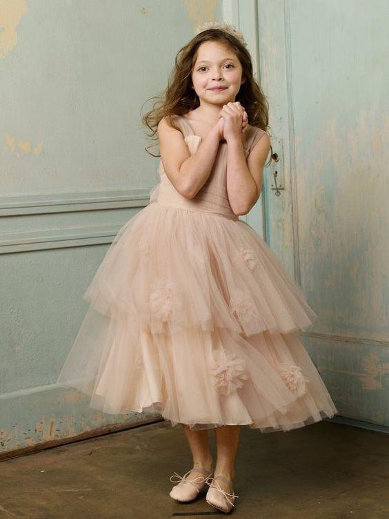 Long  Tulle Cheap Rustic Blush Pink Cute Flower Girl Dresses, QB0356