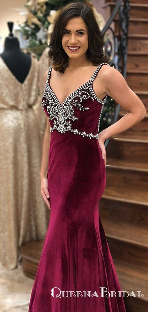 Mermaid Spaghetti Straps Backless Burgundy Prom Dresses with Beading, QB0526