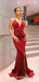 Sexy Mermaid V Neck Spaghetti Straps Red Satin Long with Split Prom Dresses, QB0565