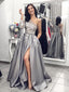 2019 Grey One Shoulder Long Sleeves Lace Long Evening Prom Dresses, QB0406