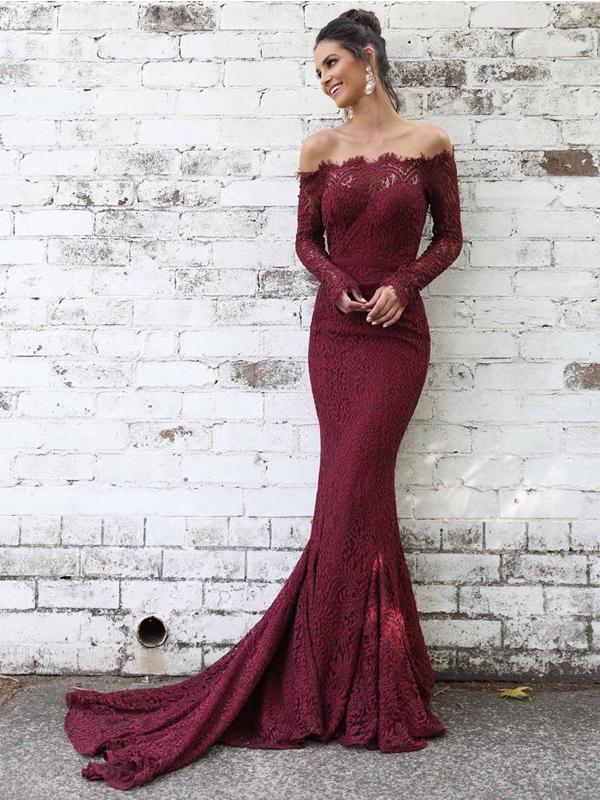 Charming Off Shoulder Long Sleeves Lace Mermaid Long Evening Prom Dresses, QB0369