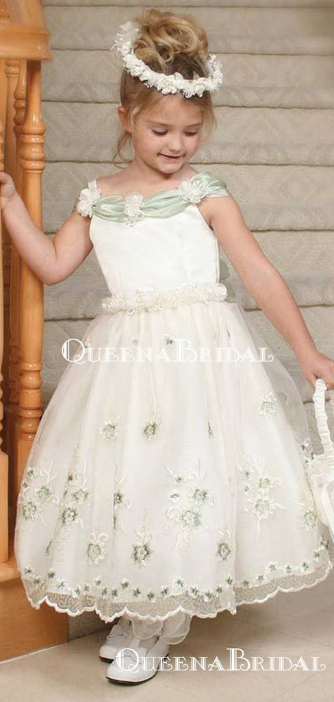 Cute Bateau Organza Lace Appliqued Princess A-line Long Cheap Flower Girl Dresses, FGS0019