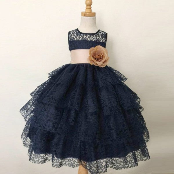 Cute Ball Gown Jewel Navy Blue Lace Flower Girl Dresses with Handmade Flowers, QB0222