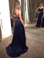 Elegant Navy Blue Spaghetti Strap  Side Slit Long Cheap Prom Dresses, QB0475