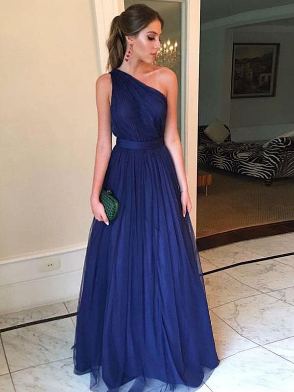 Simple Charming One Shoulder Navy Tulle Long Evening Prom Dresses, QB0412