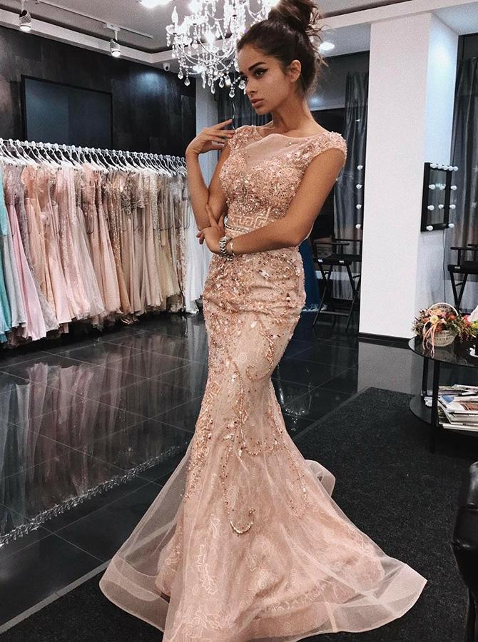 Peach Cap Sleeves Mermaid Rhinestone Long Evening Prom Dresses, QB0430