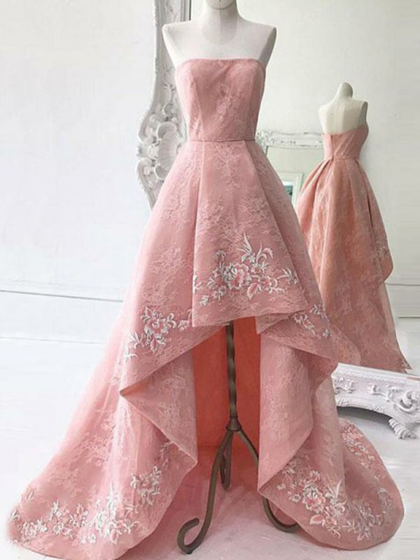A-Line Strapless Asymmetry Pink Lace Prom Dresses with Appliques, QB0246