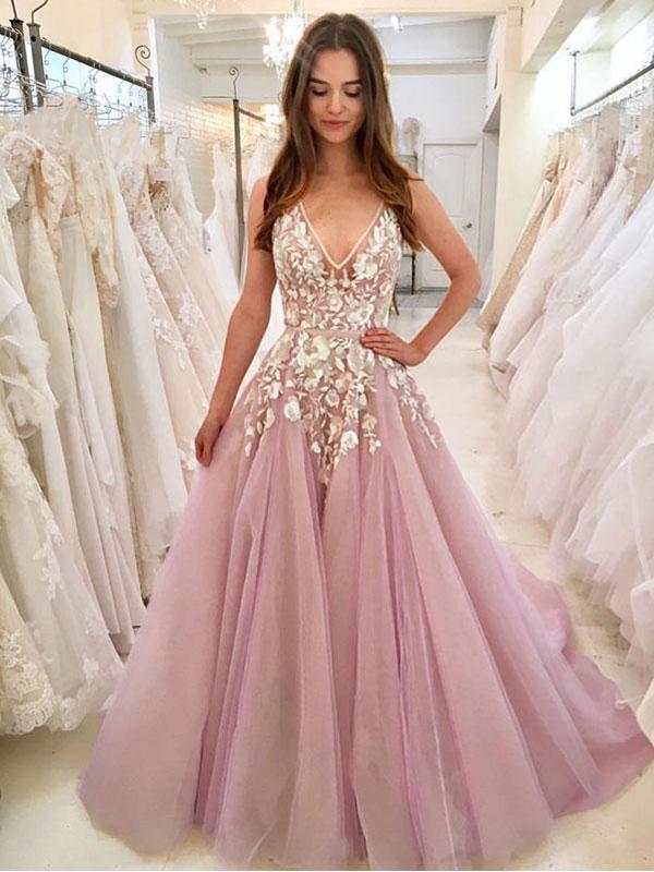 2019 Charming Cheap V Neck A-line Lace Pink Long Evening Prom Dresses, QB0395