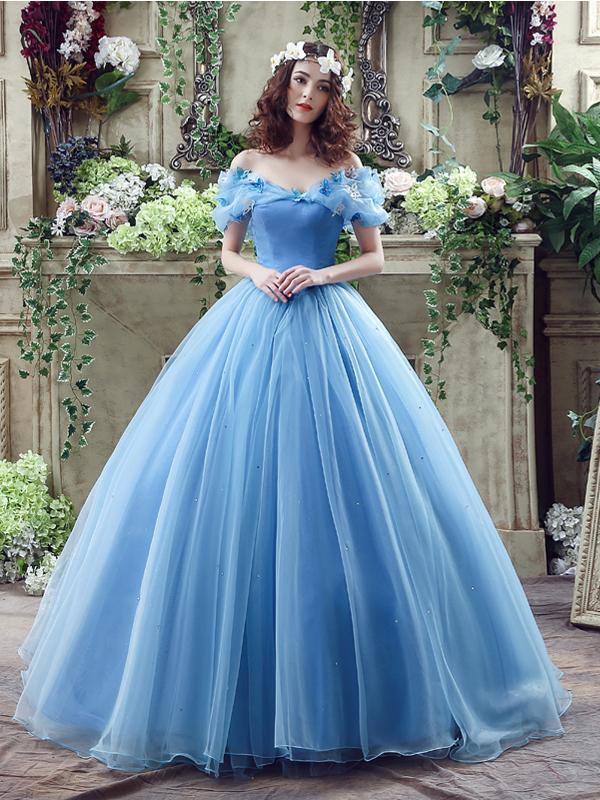 Blue Princess Off Shoulder A-line Long Evening Prom Dresses, QB0379