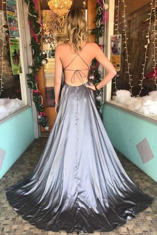 Spaghetti Straps Backless Silver Custom Long Evening Prom Dresses, QB0456