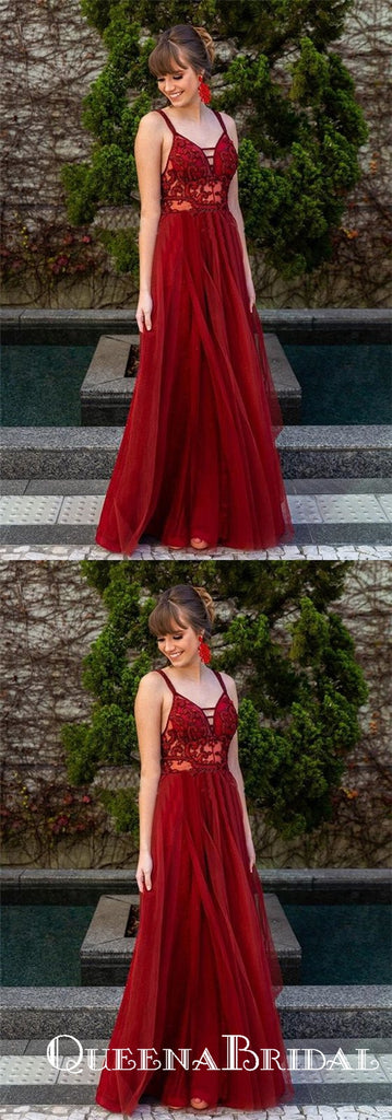 Stunning A-Line V Neck Open Back Burgundy Tulle Long Prom Dresses with Lace, QB0569