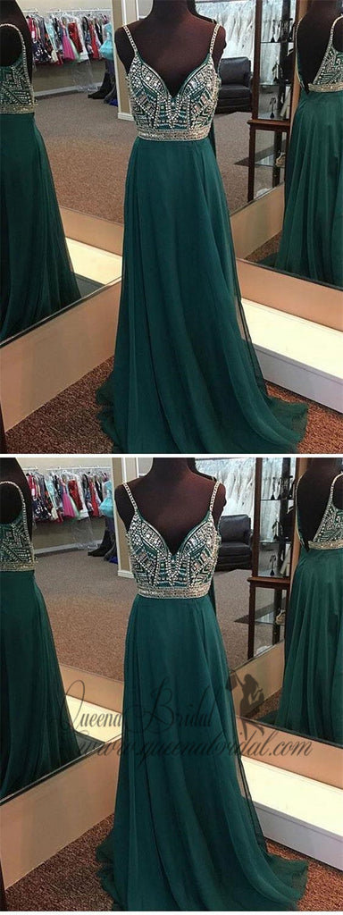 A-line V-neck Spaghetti Strap Green Chiffon Long Beaded Prom Dresses, QB0311