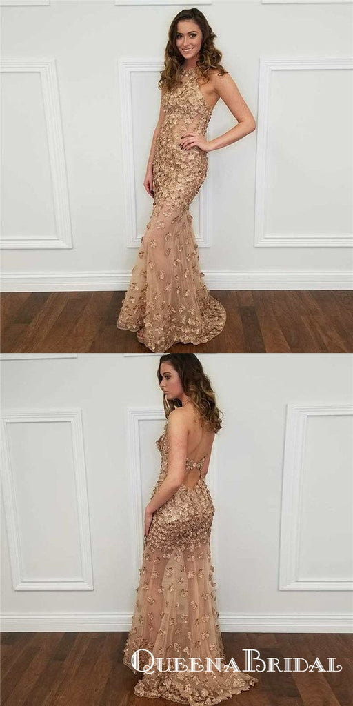 Mermaid Halter Backless Champagne Prom Dresses with Appliques, QB0688