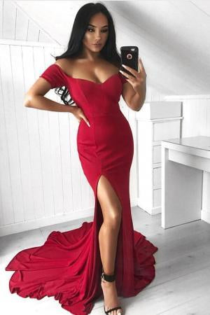 Simple Off Shoulder Side Slit Mermaid Cheap Long Evening Prom Dresses, QB0437