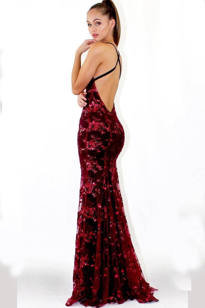 Sexy Maroon Straps Mermaid Sequin Cheap Evening Prom Dresses, QB0361