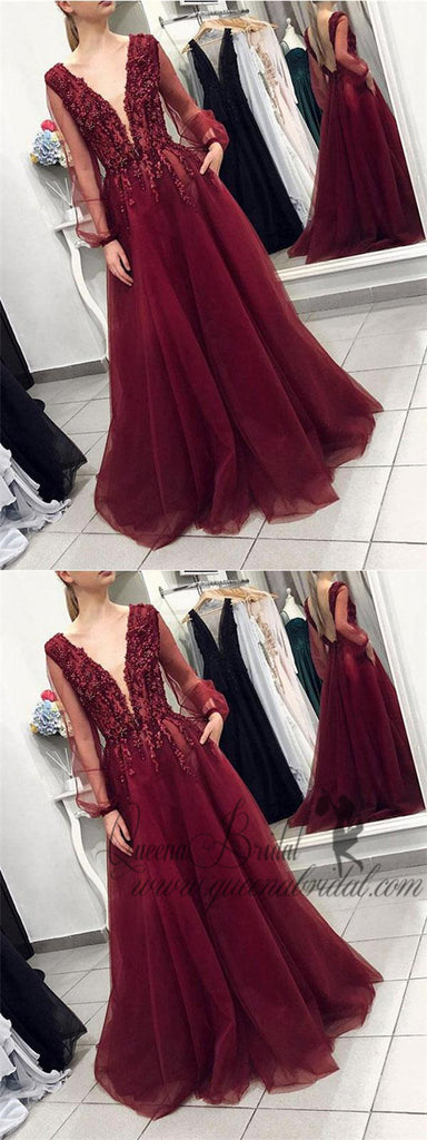 Sexy Backless Long Sleeves Burgundy Lace Long Evening Prom Dresses, QB0398