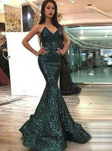 2019 Sparkly V Neck Green Sequin Custom Long Evening Prom Dresses, QB0448