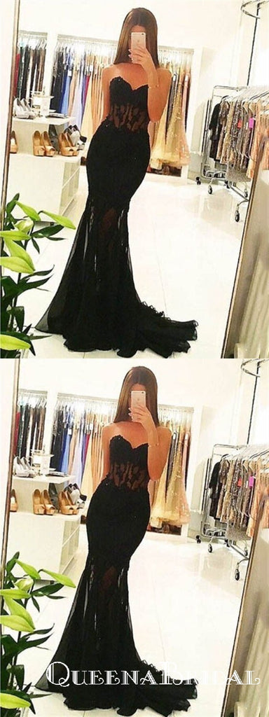 Black Tulle Sweetheart Mermaid Long with Appliques Lace Prom Dresses, QB0692