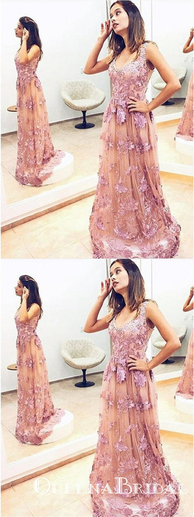 A-Line Scoop Long Cheap Blush Pink Tulle Prom Dresses with Appliques, QB0603