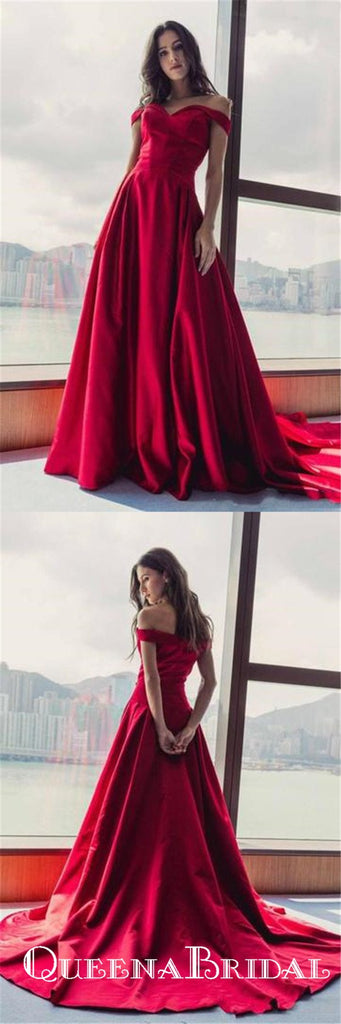 Simple Red A-line Off the Shoulder Long Cheap Prom Dresses, QB0670