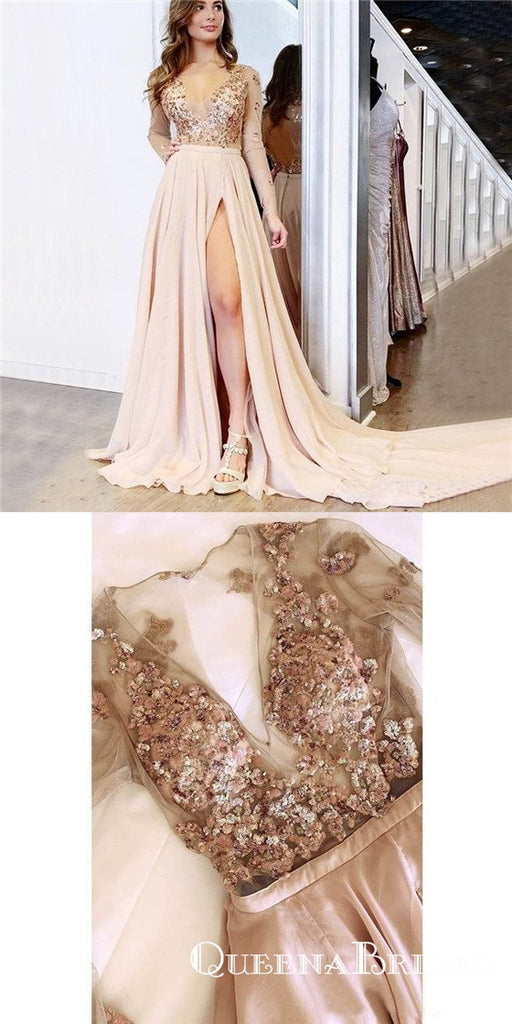 A Line V neck Long Sleeves Light Champagne Prom Dresses With Appliques, QB0587