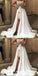 A-Line Spaghetti Straps Long White Satin Prom Dresses with Appliques Split, QB0531