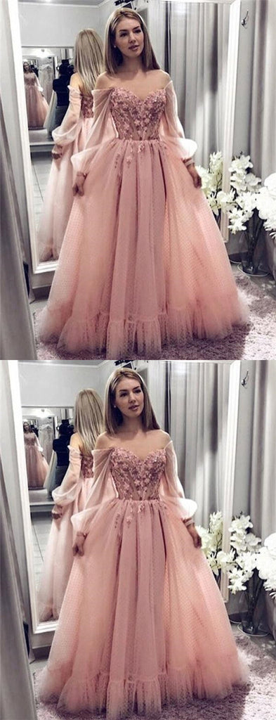 Pink Off The Shoulder Long Sleeve Long Cheap Tulle Prom Dresses With Applique, QB0611