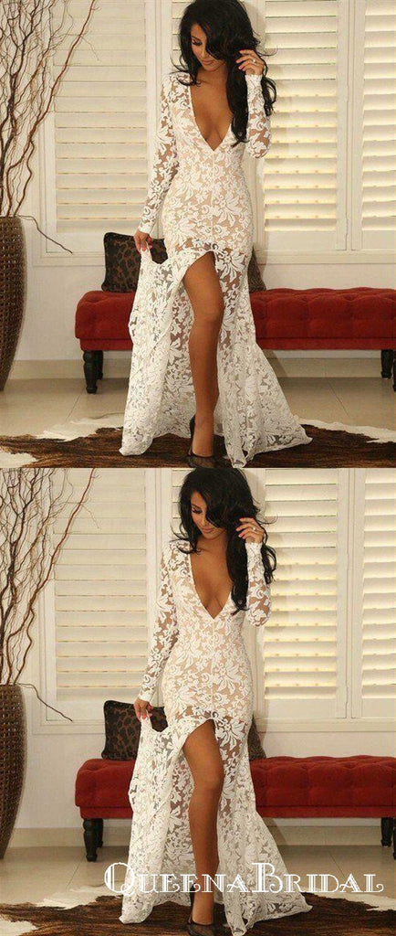 Sexy Lace V-neck Long Sleeve Mermaid Split Front Prom Dresses, QB0700