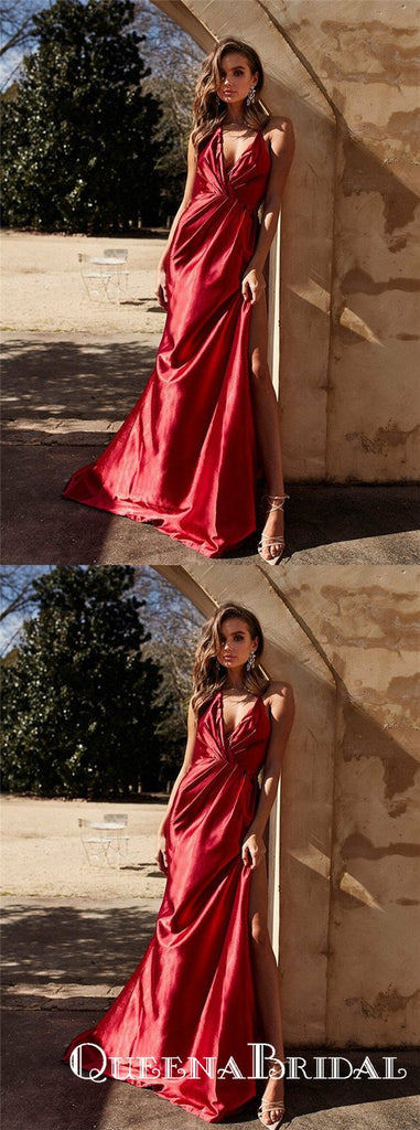 Simple Deep V-neck Sleeveless Split Red  Party Prom Dresses, QB0690