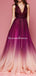 Maroon Ombre Prom Dresses V Neck Cheap Long Formal Dresses for Women, QB0316