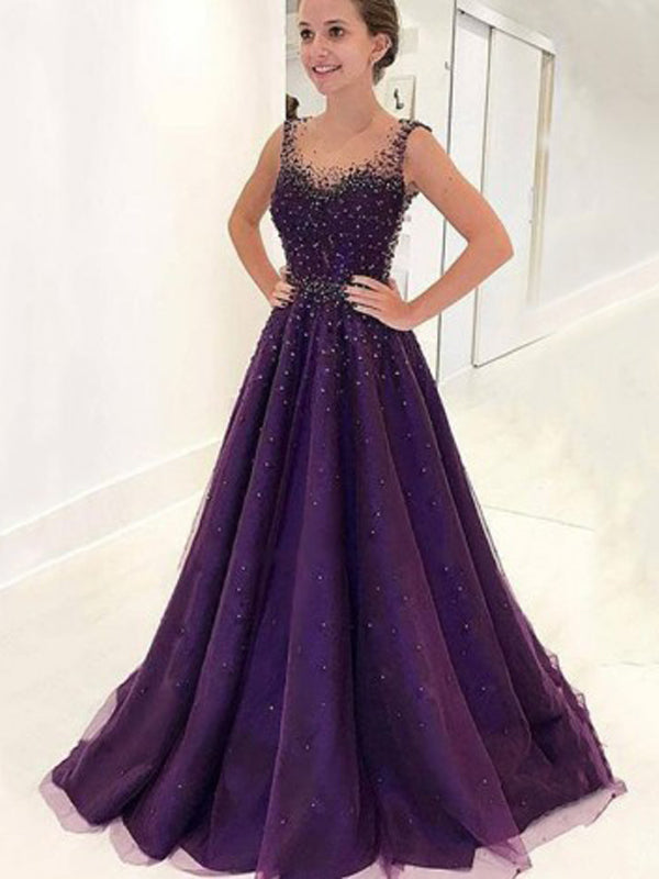 A-Line Scoop Sleeveless Sweep Train Purple Tulle Prom Dresses with Beading, QB0234