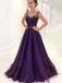 A-Line Scoop Sleeveless Sweep Train Purple Tulle Prom Dresses with Beading, QB0234