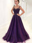 A-Line Scoop Sleeveless Sweep Train Purple Tulle Prom Dresses with Beading, QB0234