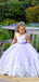 Charming Round Neck Purple Tulle Beaded A-line Long Cheap Flower Girl Dresses, FGS0023