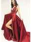 Sexy Side Slit Deep V Neck Red A-line Long Evening Prom Dresses, QB0438