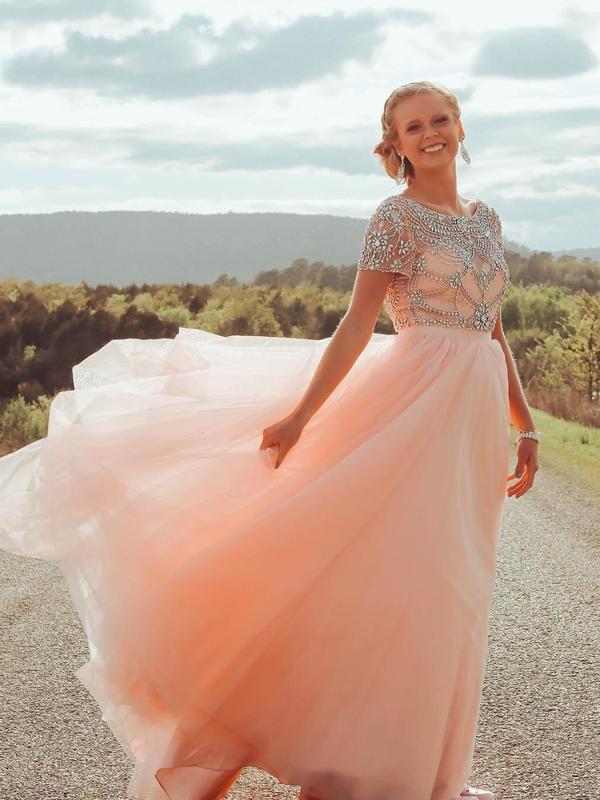 Rhinestone Beaded Prom Dresses with Short Sleeves Plus Size Cheap Prom Dresses, QB0307