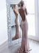 Mermaid Jewel Open Back Sweep Train Rose Gold Sequined Prom Dresses, QB0241